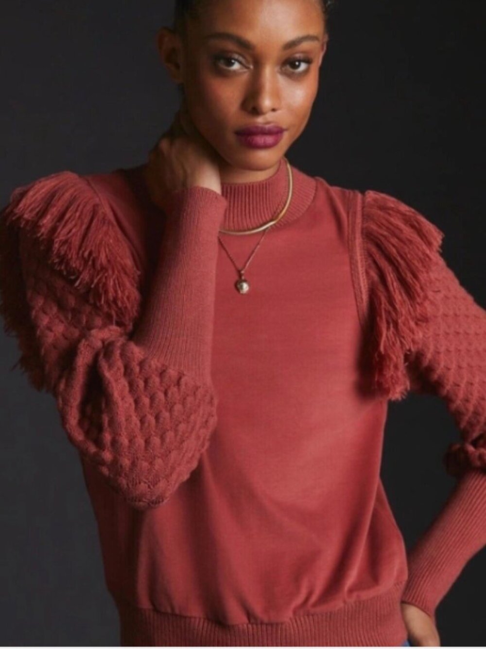 Anthropologie Dolan Fringed Knit Sweater Rust‎ M
